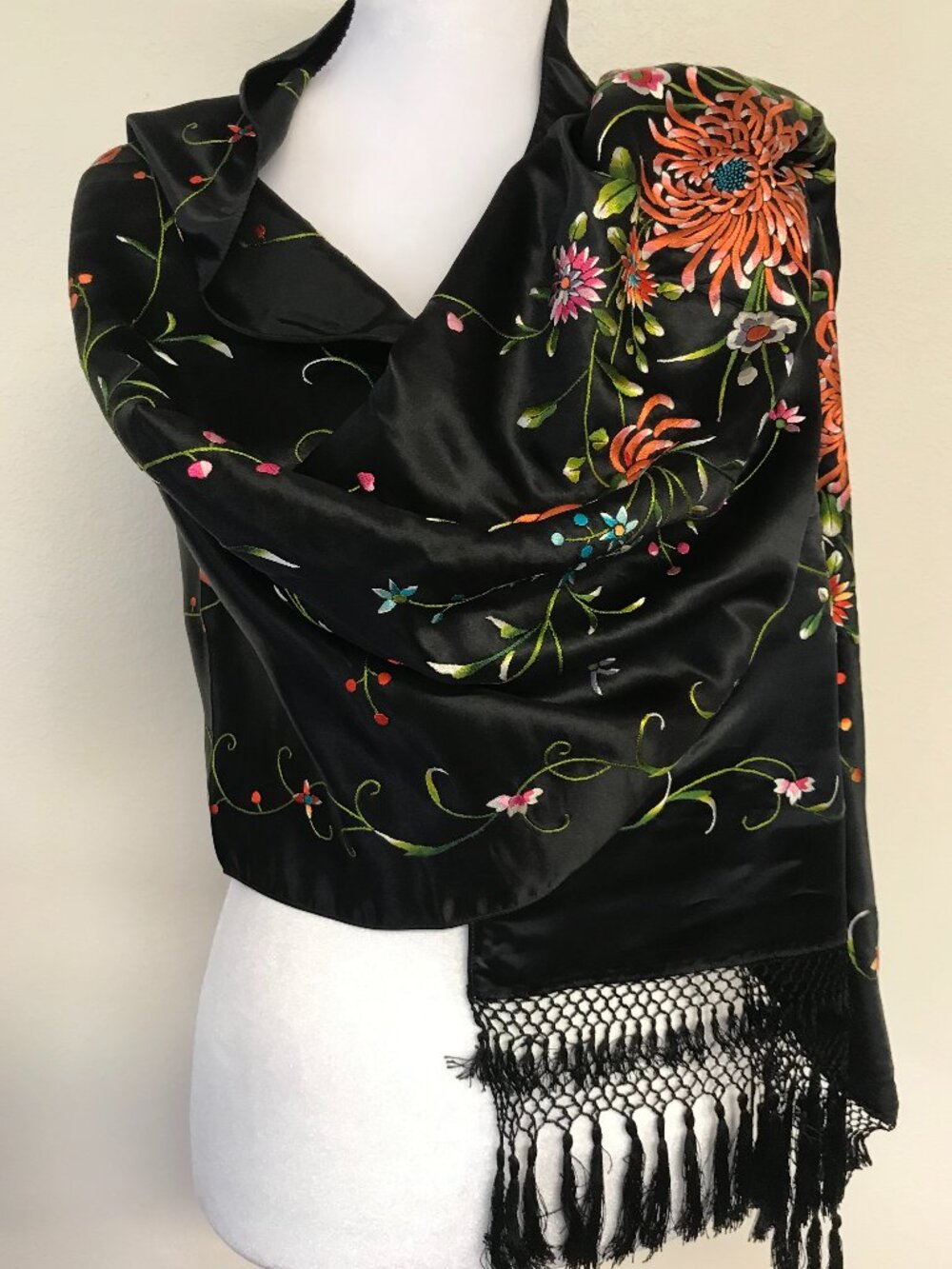 Black Floral Scarf Colorful Flower Print Long Fringe Boho Statement Wrap